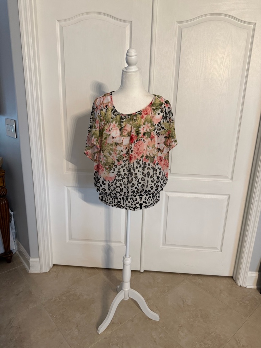 JM Collection Floral Chiffon Blouson Top in Pink, Green & Black